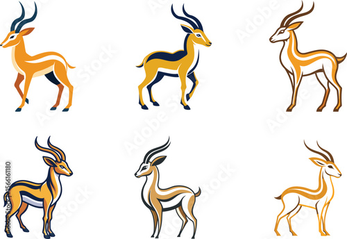Graceful antelopes showcase majestic wildlife in simple, elegant designs ideal for branding, featuring detailed horns and sleek forms for a professional, natural appeal.