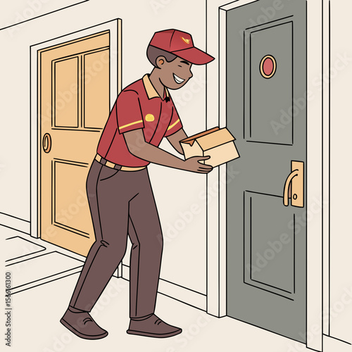 Delivery man in red uniform delivering a package to a gray door with a peephole and gold handle near door