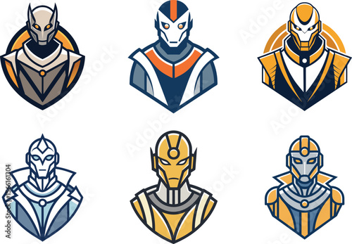 Six distinct robot head designs offer futuristic and bold graphics for technology, gaming, or science fiction themed projects.