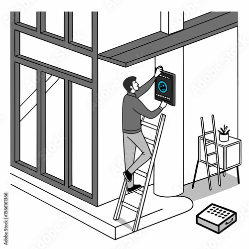 Man on ladder hanging a framed picture with a blue face icon in a modern interior setting near window