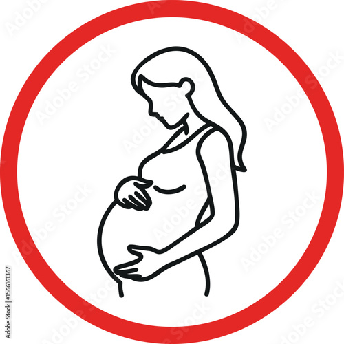 Pregnant woman icon in red circle symbolizing maternity warning, pregnancy care, maternal protection, or caution sign for expectant mothers in health, safety, or product usage contexts.