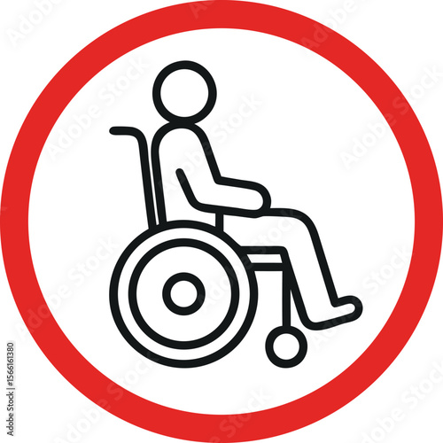 Wheelchair user icon inside red circle for accessibility awareness, disabled person symbol, handicap mobility alert, universal sign for disability services or restricted access notice.