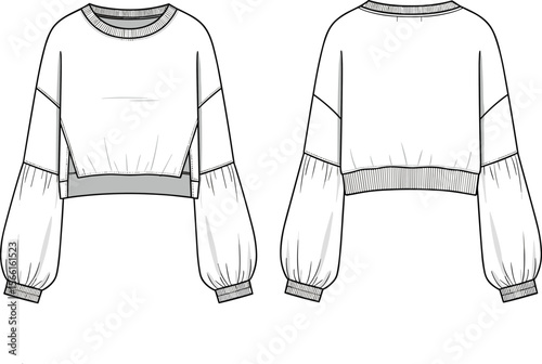Cropped sweatshirt fashion flat, long balloon sleeve pullover vector, front and back technical sketch, ribbed hem cuffs and collar