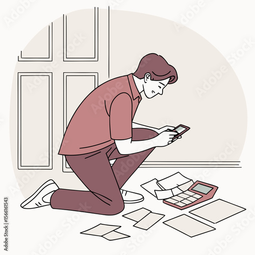 Man kneeling on the floor using a smartphone with papers and calculator scattered around him near a door