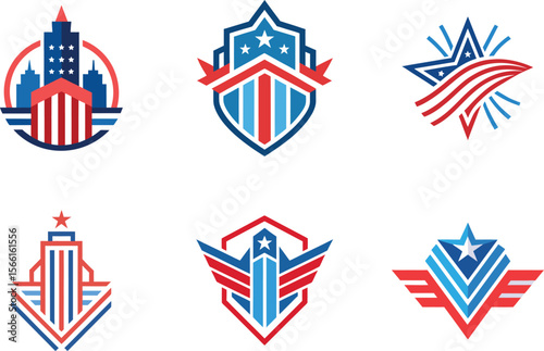 Patriotic heraldry design featuring stars, stripes, and shield emblems in a bold, modern style appropriate for logos, branding, and design elements.