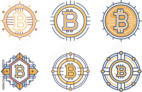 Collection of stylized bitcoin symbols offers modern designs suitable for financial technology brands and cryptocurrency-related ventures.