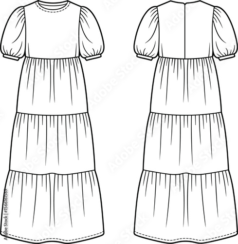 Flat technical sketch of puff sleeve tiered maxi dress with front and back view, vector cad fashion illustration drawing
