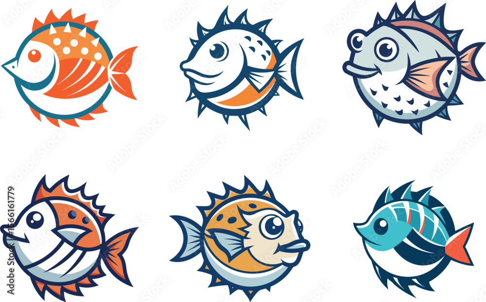 Obraz premium Six delightful puffer fish designs offer versatility for aquatic themed art, creating unique icons or crafting engaging marine life concepts.