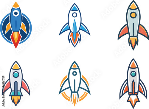 A collection of rocket ship graphics, suitable for startups, app icons, or space exploration themes with vibrant, clean, and modern designs.