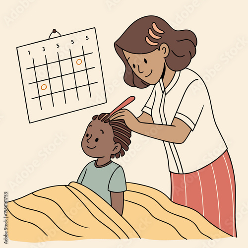 Woman tending to child's hair with calendar on wall in background showing marked dates for care routine