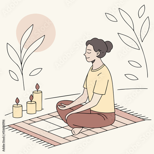 Woman meditating on a rug with candles and plants in a serene and peaceful setting for relaxation