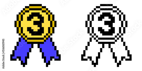 Pixel third medallion vector, a retro-style award for third place achievement. Ideal for gaming, digital recognition, or nostalgic designs celebrating a respectable third position.