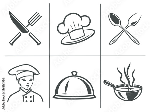 A set of six simple black line art icons depicting various kitchen utensils and equipment. 