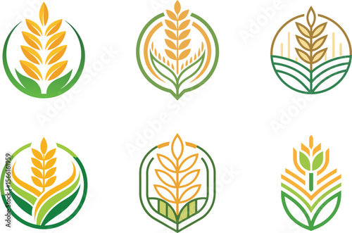 Collection of stylized wheat grain emblems presents organic farming and agriculture concepts ideal for branding and logo design.