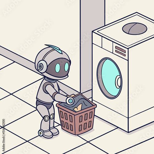 Robot in laundry room holding a basket of clothes near a washing machine on tiled floor design is cute