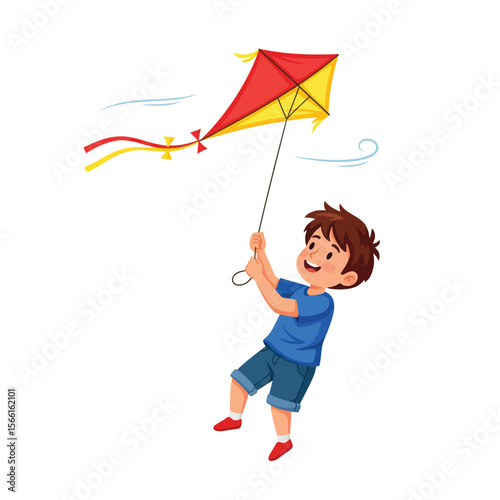 boy playing kite vector cartoon illustration