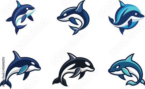 Cartoon orca set provides diverse designs for marine animal branding and graphic projects, suitable for a sea life logo or icon.
