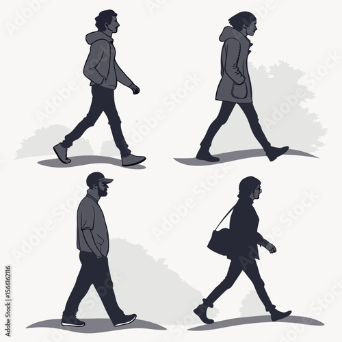 Illustration showing four people walking in a line wearing different outfits in black and white style