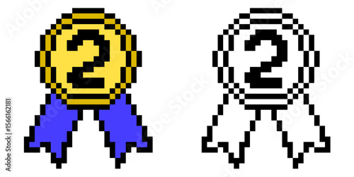 Pixel second medallion vector, a retro-style award for runner-up achievement. Ideal for gaming, digital recognition, or nostalgic designs celebrating a commendable second place.