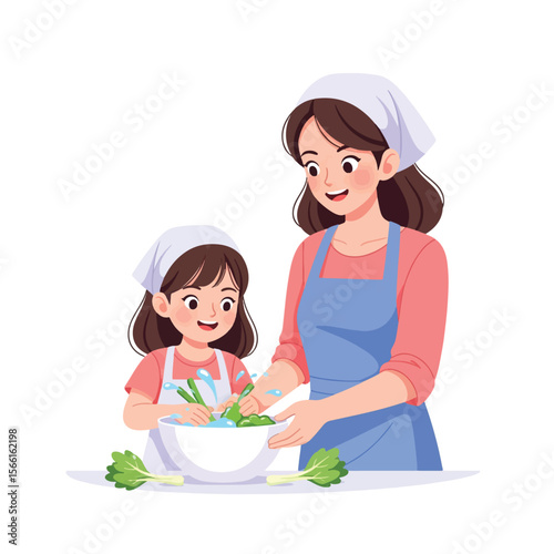 mother and daughter cooking together vector cartoon illustration