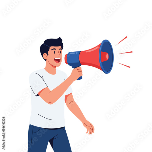 man shouting into megaphone vector cartoon illustration