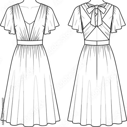 Flutter sleeve dress, deep V-neck design, bow back dress template, romantic summer dress, front and back fashion sketch, vector outline