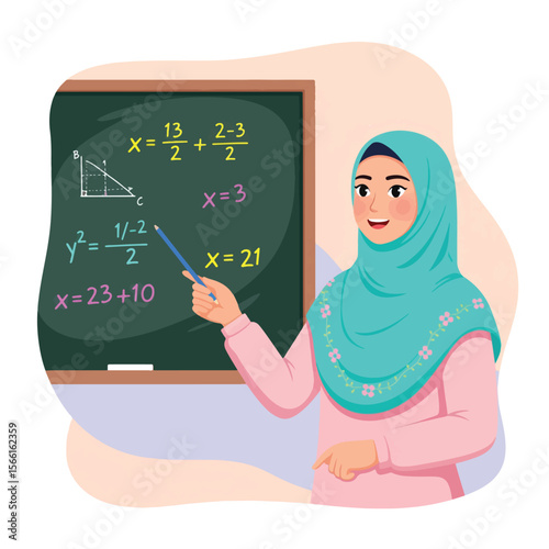 teacher in classroom vector cartoon illustration