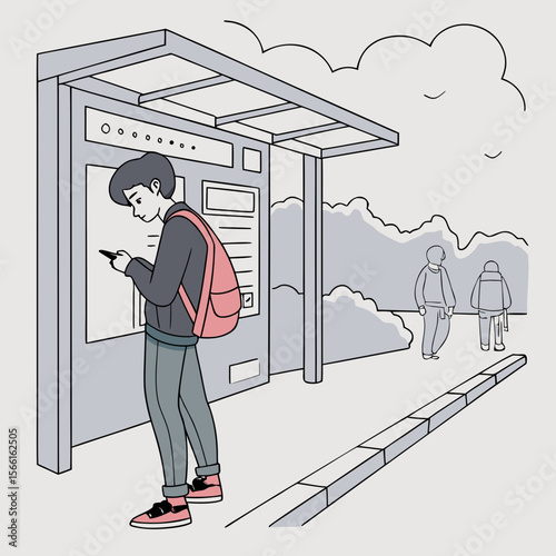 A person with a backpack looking at their phone at a bus stop with other people in the background outside