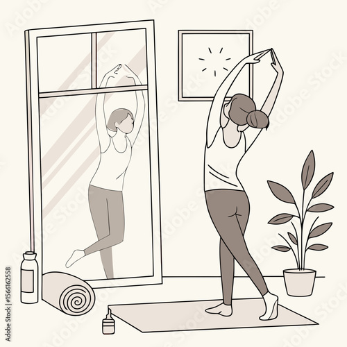A woman is stretching her body in front of a mirror with a plant and a mat in a bright room area