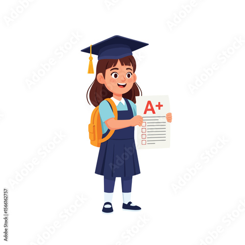 Smiling girl in graduation cap holds an A+ report card, signifying academic success. vector cartoon illustration