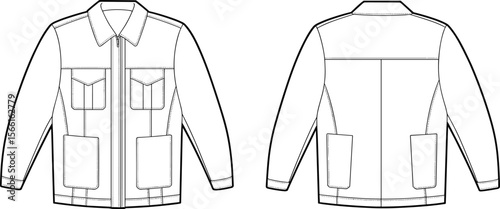 Men's utility cargo jacket technical fashion flat sketch front back view, zipper closure, pocket detail, cad drawing vector illustration