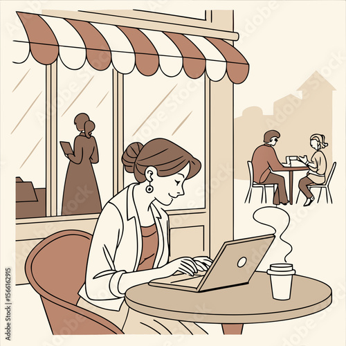 Illustration of a woman working on a laptop at an outdoor cafe with other people in the background