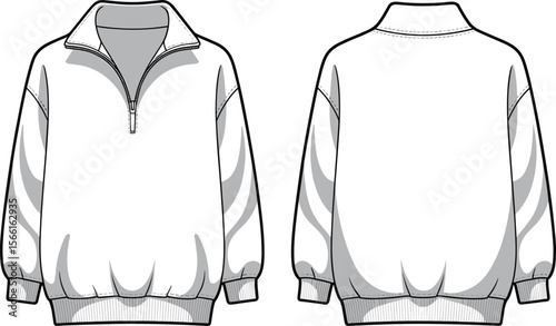 Half zip sweatshirt with branding, front and back view, fleece pullover vector, sporty unisex jumper design, fashion apparel sketch