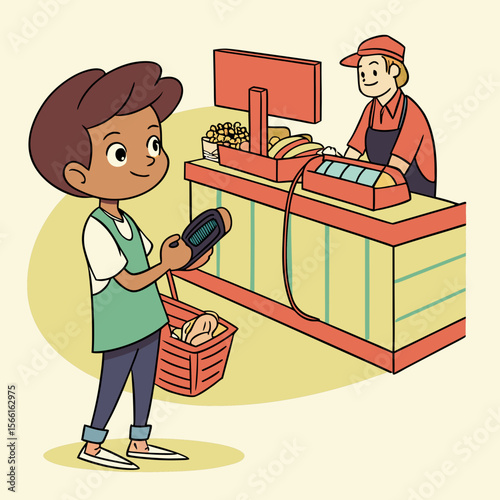A boy scans items at the checkout counter while a cashier waits at the register in a store setting