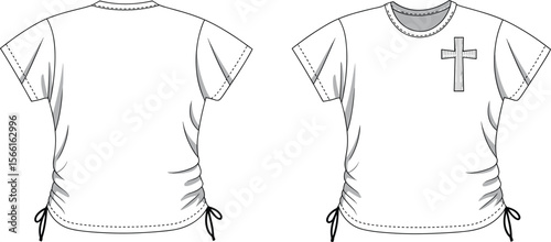 Women’s short sleeve ruched t-shirt with side ties, wooden cross chest print, front and back flat vector cad drawing