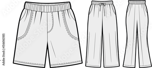 Sweatpants fashion template, joggers and shorts vector, unisex loungewear sketch, flat front pants design, drawstring, elastic waistband