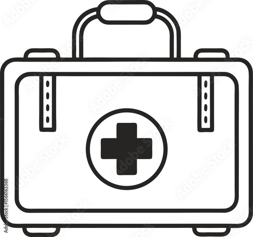  A simple line drawing of a first aid kit with a cross symbol on a white background in vector format.