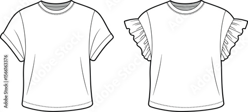 T-shirt fashion flat, women flutter sleeve top, rolled sleeve tee, front view sketch, clothing vector, ruffle sleeve drawing, outline