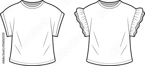 T-shirt flat sketch, flutter sleeve top, ruffle tee design, women’s fashion vector, fashion flat, basic t-shirt template