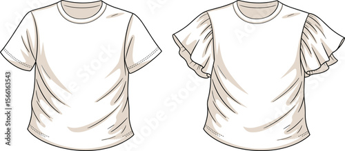Women t-shirt design, flutter sleeve tee, front view sketch, gathered shirt, casual wear vector, fashion flat drawing, outline top