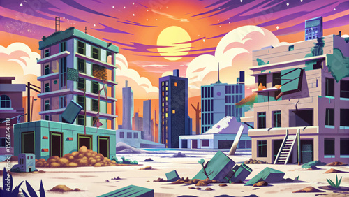 post-apocalyptic war zone featuring ruined buildings, smoke, and debris cartoon vector perfect dystopian game background or concept art for survival, sci-fi, and action theme