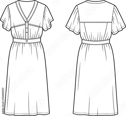 Flutter sleeve midi dress, V-neck buttoned dress, waistband dress sketch, summer dress flat drawing, front and back fashion view