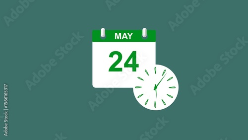 May month 24 date calendar icon clock lime green color 4k illustration. 