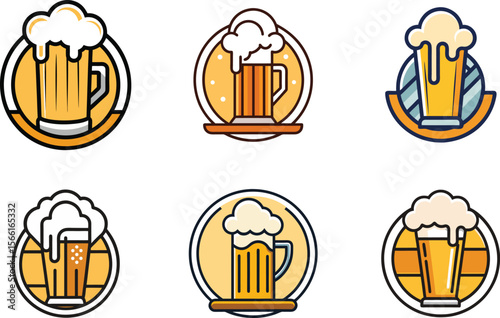 Mugs of beer emblem set offers customizable options for bar branding, beer company logos, or beverage-related promotional material.