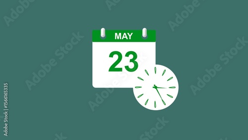 May month 23 date calendar icon clock lime green color 4k illustration. 