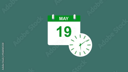 May month 19 date calendar icon clock lime green color 4k illustration. 