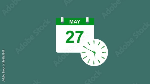 May month 27 date calendar icon clock lime green color 4k illustration. 