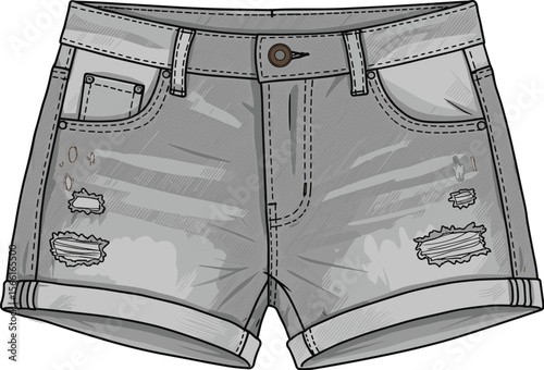 Stylish Distressed Denim Shorts with Rolled Hem, Fashion Illustration in Monochrome