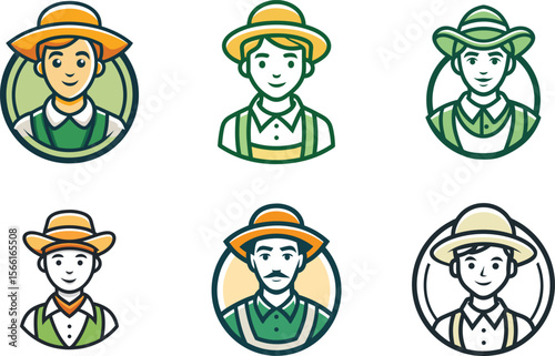 Cartoon farmers character logo set in circle shape offers a fresh branding for agriculture, farming, and community-oriented businesses.