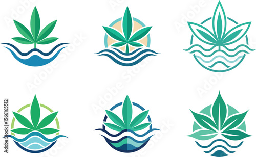Fresh cannabis leaf designs floating above calming waves, perfect for organic product branding or natural wellness company marketing.